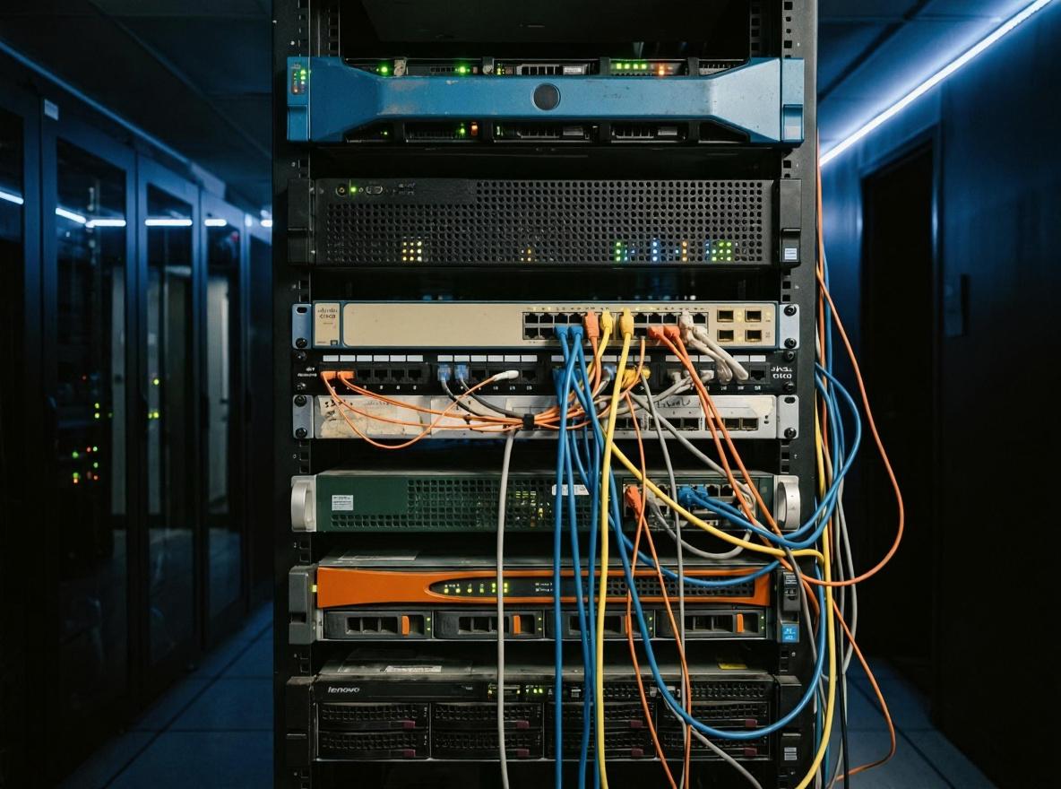 A chaotic multi-vendor rack with mismatched equipment and tangled cables